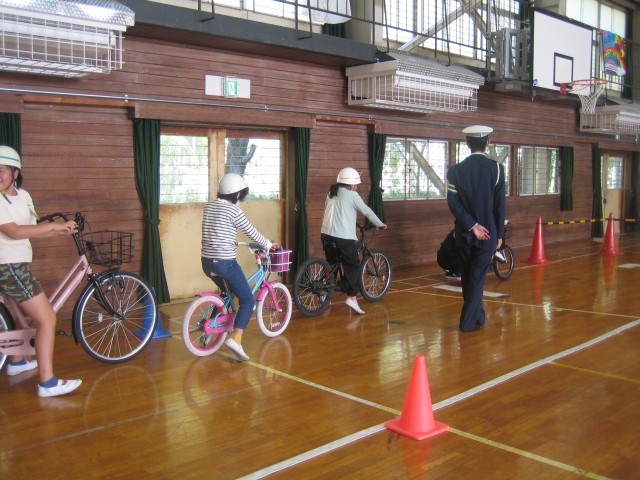 連なって自転車でコースを走る写真