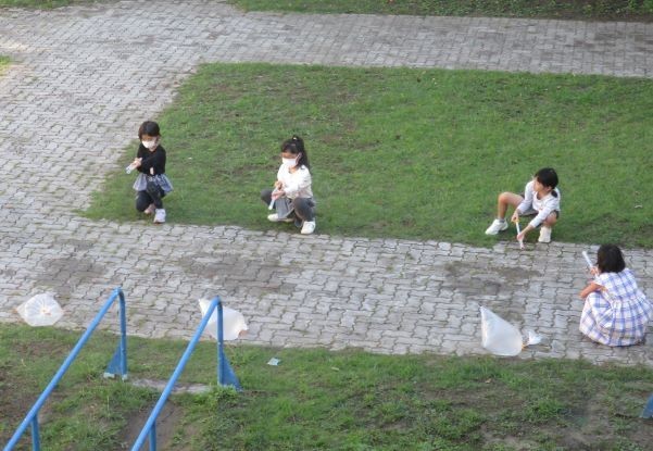 2024年10月10日　4年3組　理科　とじこめた空気や水　中庭から　